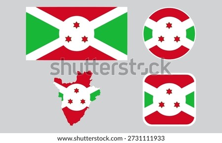 A set of Burundi flag icons. A set of flags in square, rectangular, round and map shapes. Flag icons.
