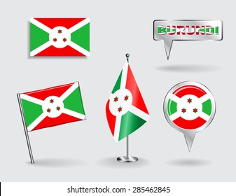 Set of Burundi pin, icon and map pointer flags. Vector illustration.