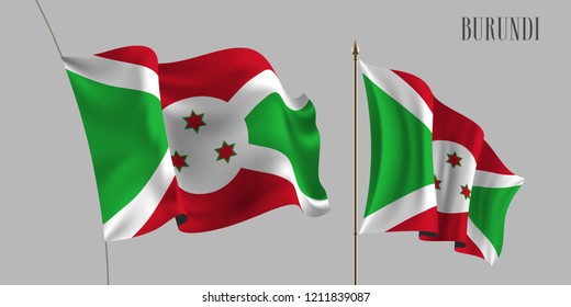 Set of Burundi waving flag on isolated background vector illustration. Red, green, white elements of Burundi  wavy realistic flag as a patriotic symbol 