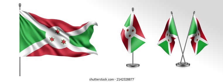 Conjunto de banderas de ondear de Burundi sobre ilustraciones vectoriales aisladas. 3 rayas y estrellas Bandera ondula realista burundesa como símbolo patriótico