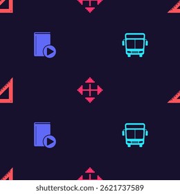 Set Bus, Audio book, Pixel arrows in four directions and Triangular ruler on seamless pattern. Vector