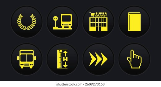 Set Bus, Book, Measuring height and length, Arrow, Supermarket building, stop, Pixel hand cursor and Laurel wreath icon. Vector