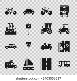 Set Bus, Broken road, Tractor, Bicycle, Parking, Sailboat,  and  icon. Vector