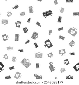 Set Bus, Car, Location with taxi and Gps device map on seamless pattern. Vector