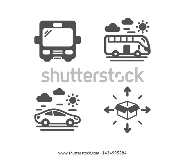 Set of Bus, Car travel and\
Bus travel icons. Parcel delivery sign. Tourism transport,\
Transport, Logistics service.  Classic design bus icon. Flat\
design. Vector