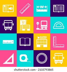 Set Bus, Folding ruler, Protractor grid, Measuring height and length, Mall supermarket building, Audio book and stop icon. Vector