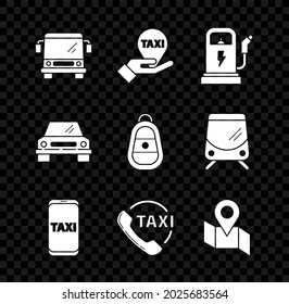 Set Bus, Hand auf Karte Zeiger mit Taxi, Elektrische Autos Ladestation, Taxi Telefondienst, Falten Ortsmarkierung, Auto und Schlüssel Fernbedienung Symbol. Vektorgrafik