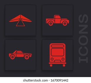 Set Bus, Hang glider, Pickup truck and Sedan car icon. Vector