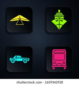 Set Bus, Hang glider, Sedan car and Cargo ship. Black square button. Vector