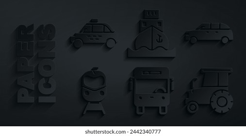 Set Bus, Hatchback car, Train and railway, Tractor, Cargo ship and Taxi icon. Vector