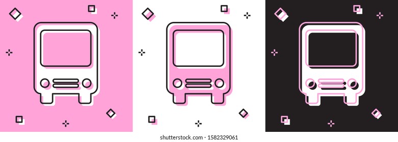 Set Bus icon isolated on pink and white, black background. Transportation concept. Bus tour transport sign. Tourism or public vehicle symbol.  Vector Illustration