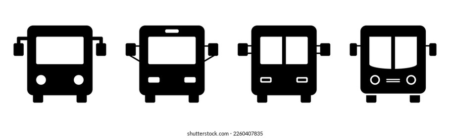 Set of bus icon. School bus icon in black. Auto symbol. Black bus icon. Transport symbol. Isolated autobus pictogram. Stock vector illustration