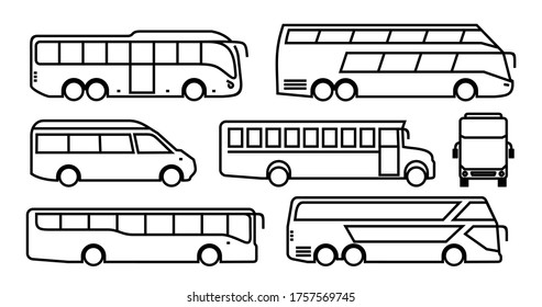 Set of Bus icon. Transport symbol black in linear style. Vector illustration. Isolated on white background.