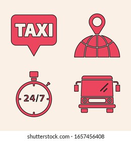 Set Bus, Map pointer with taxi, Location on the globe and Stopwatch 24 hours icon. Vector