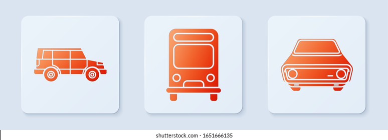 Set Bus, Off road car and Car. White square button. Vector