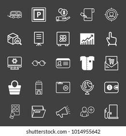 set of bus, parking, earning, document, target customer, banner, safe, increasing chart, computer settings, glasses, id card, bill, hotel, globe, wallet, loudspeaker, pin code, shirt vector icon