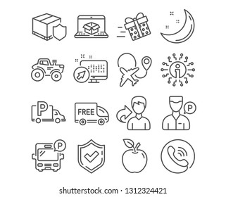 Set Of Bus Parking, Free Delivery And Airplane Icons. Present Delivery, Valet Servant And Truck Parking Signs. Tractor Symbol. Public Park, Shopping Truck, Plane. Vector