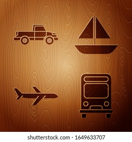 Set Bus, Pickup truck, Plane and Yacht sailboat or sailing ship on wooden background. Vector