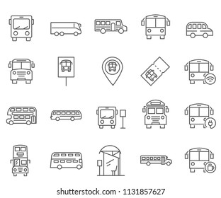 Set of bus Related Vector Line Icons. Includes such icons as transport, stop, passengers, traffic and more.