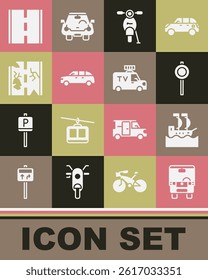 Set Bus, Sailboat, Road traffic signpost, Scooter, Hatchback car, Broken road,  and TV News icon. Vector