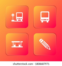 Set Bus stop, , Gas filling station and Pencil icon. Vector.