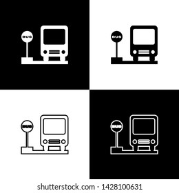 Set Bus stop icon isolated on black and white background. Transportation concept. Bus tour transport sign. Tourism or public vehicle symbol.  Vector Illustration
