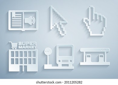 Set Bus stop, Pixel hand cursor, Supermarket building, Gas filling station, arrow and Audio book icon. Vector