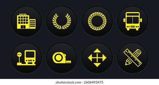 Set Bus stop, Roulette construction, Pixel arrows in four directions, Laurel wreath, Crossed ruler and pencil and Hotel building icon. Vector