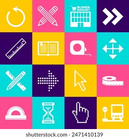 Set Bus stop, Tape measure, Pixel arrows in four directions, Supermarket building, Open book, Ruler, Refresh and Roulette construction icon. Vector