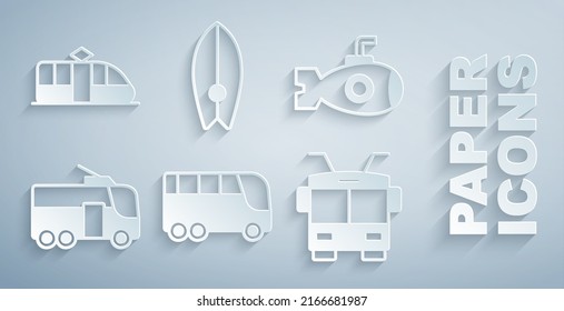 Set Bus, Submarine, Trolleybus, Surfboard and Tram and railway icon. Vector