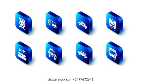 Set Autobús, Taxi, Hatchback, Policía y Flasher, Barco con remos y Tren icono de ferrocarril. Vector