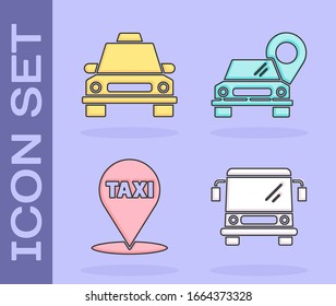 Set Bus, camión Taxi, Puntero Mapa con taxi y Puntero Mapa con icono de taxi. Vector