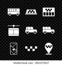 Set Bus, Taxi car roof, Taximeter, City map navigation, Location with taxi, Cable and Car icon. Vector