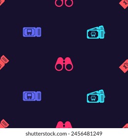 Set Bus ticket, , Binoculars and  on seamless pattern. Vector