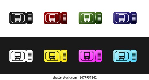 Set Bus ticket icon isolated on black and white background. Public transport ticket.  Vector Illustration
