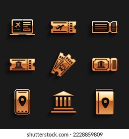 Set Bus ticket, Edificio Museo, Guía de viajes de la portada, Infografía del mapa de la ciudad, Ticket y Laptop con icono. Vector