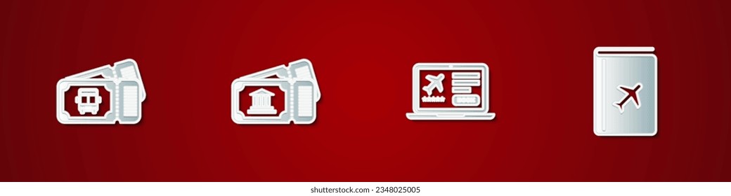 Set Bus Ticket, Museum, Laptop mit und Cover Buch Reiseführer Symbol. Vektorgrafik