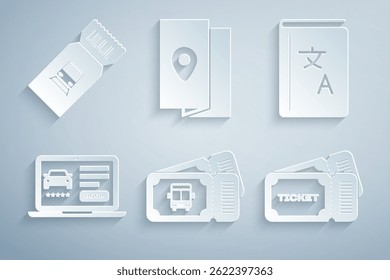 Conjunto de boleto de autobús, libro de traductor, coche compartido en línea, boleto, guía de viaje de la cubierta y el icono de tren. Vector
