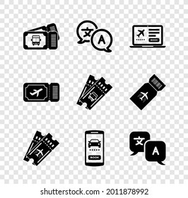 Set Bus ticket, Translator, Laptop with, Airline, Online car sharing,  and  icon. Vector