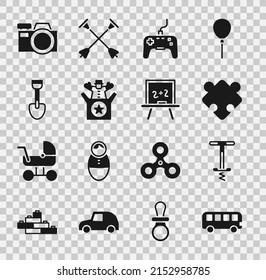 Set Bus Toy, Pogo Stick Jumping, Puzzle Pieces, Gamepad, Jack The Box, Shovel, Photo Camera And Chalkboard Icon. Vector
