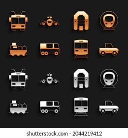 Set Bus, Train and railway, Pickup truck, Oil tanker ship, Rafting boat, Trolleybus and Plane icon. Vector