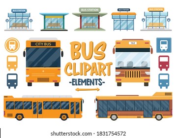 Set of bus travel clipart. City, bus, autobus, travel, station, flat, tourism, transport set. Vector Clipart Print