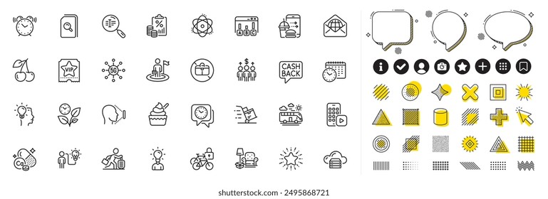 Set of Bus travel, Cloud server and Leaves line icons for web app. Design elements, Social media icons. Search files, Business idea, Travel delay icons. Phone app, Alarm clock, Atom signs. Vector