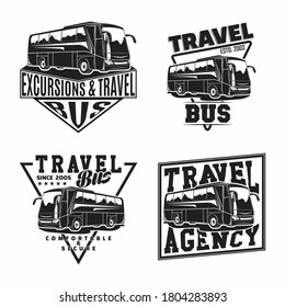 Set of Bus travel company emblems designs, emblems of excursion or tourist bus rental organisation, travel agency print stamps, bus typography emblems, Vector