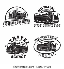 Conjunto de diseños de emblemas de la empresa de viajes de autobuses, emblemas de la organización de excursiones o alquiler de autobuses turísticos, sellos de impresión de la agencia de viajes, emblemas de tipografía de autobuses, vectores