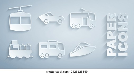 Conjunto de autobús, trolebús, barco petrolero, lancha rápida, coche e icono del teleférico. Vector