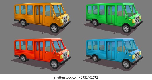 A set of buses in different colors. Vector illustration of public transport. 