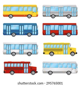 Set of buses on the white background. Public transport, tourism, school bus.