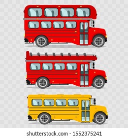 
Set of buses. Red double-decker bus, Red double-decker bus without roof, Yellow school bus, London buses. Vector