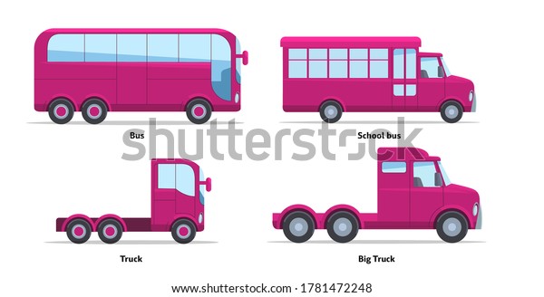 Set of buses trucks side view. Vector stock\
flat illustration. Raspberry cartoon, toy car. Simplified style for\
design and animation.